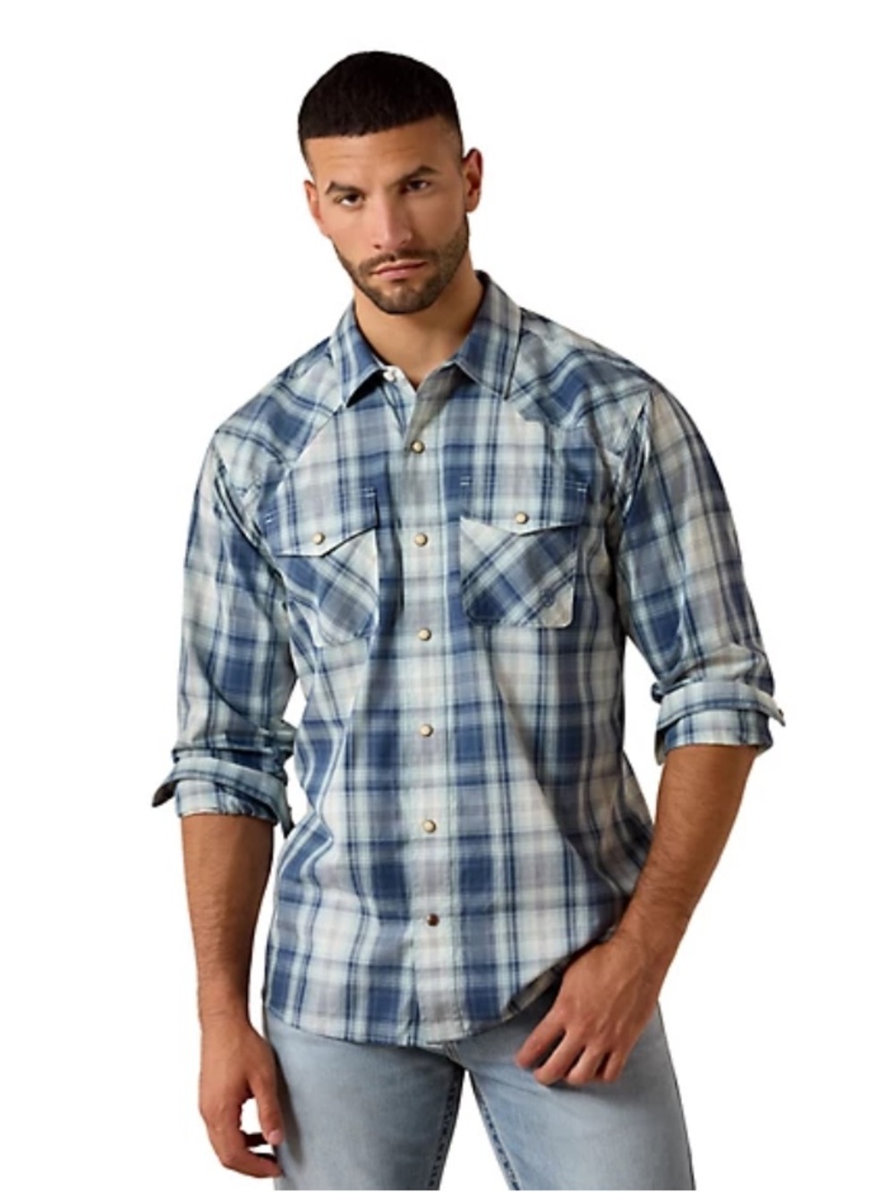 Ariat Men's Blue and White Plaid Snap-Front Button Down Shirt